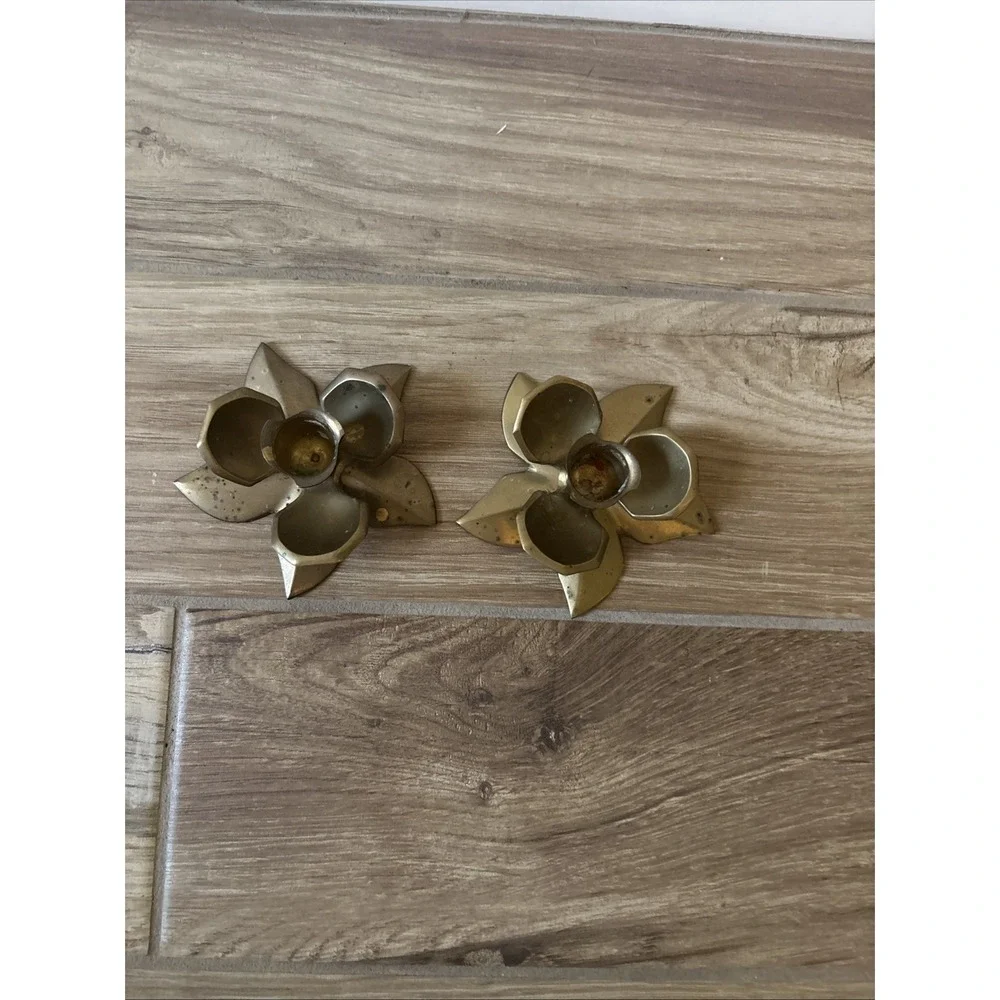 2 Vintage Pair Brass Coated Lotus Flower Candle Stick Holders